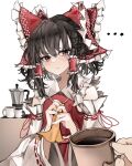  ... 1girl 1other absurdres ascot bow brown_hair coffee coffee_maker coffee_mug commentary cup detached_sleeves disembodied_limb english_commentary frilled_bow frilled_hair_tubes frills hair_bow hair_tubes hakurei_reimu highres holding holding_ascot holding_cup medium_hair messy_hair moka_pot mug multiple_hair_bows nontraditional_miko ougiikun pov pov_hands purple_eyes red_bow ribbon ribbon-trimmed_sleeves ribbon_trim simple_background touhou white_background yellow_ascot 