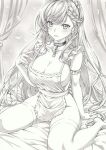  1girl apron azur_lane belfast_(azur_lane) braid breasts broken broken_chain chain choker cleavage feathers french_braid graphite_(medium) greyscale large_breasts long_hair looking_at_viewer mikuro monochrome naked_apron sitting solo thighhighs traditional_media very_long_hair wariza 