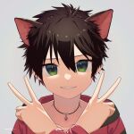  1boy a_ta309 absurdres animal_ears brown_hair cat_boy cat_ears child commentary_request extra_ears green_eyes highres jacket jewelry kemonomimi_mode male_focus necklace original signature simple_background smile solo teeth upper_body v 
