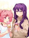  2girls blush bra_strap brown_sweater chiimako closed_mouth collarbone commentary_request doki_doki_literature_club double_scoop eyelashes food hair_between_eyes hair_intakes hair_ornament hair_ribbon hairclip hand_up hands_up holding holding_food holding_ice_cream ice_cream ice_cream_cone long_hair long_sleeves multiple_girls natsuki_(doki_doki_literature_club) pink_eyes pink_hair purple_eyes purple_hair red_ribbon ribbed_sweater ribbon shirt short_hair short_sleeves sidelocks simple_background smile sweater swept_bangs t-shirt tongue tongue_out triple_wielding turtleneck turtleneck_sweater two_side_up upper_body white_background white_shirt x_hair_ornament yellow_background yuri_(doki_doki_literature_club) 