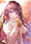  1girl :d autumn_leaves azki_(hololive) bag blurry blurry_background blush brown_hair cardigan collared_shirt commentary_request depth_of_field food hair_between_eyes hands_up highres holding holding_food hololive leaf long_hair long_sleeves looking_at_viewer maple_leaf mikeou multicolored_hair nail_polish open_cardigan open_clothes pink_hair pink_nails puffy_long_sleeves puffy_sleeves purple_eyes shirt short_eyebrows shoulder_bag sleeves_past_wrists smile solo taiyaki thick_eyebrows two-tone_hair very_long_hair virtual_youtuber wagashi white_cardigan white_shirt 