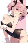  1girl animal_ears bare_legs black_bow black_bowtie black_hair black_leotard bow bowtie breasts breasts_day commentary_request cowboy_shot detached_collar good_breasts_day highres kaname_madoka leotard mahou_shoujo_madoka_magica nagare_(flow) pink_eyes pink_hair playboy_bunny rabbit_ears short_hair small_breasts smile solo strapless strapless_leotard twintails wrist_cuffs 