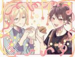  2boys black_shirt blonde_hair blue_eyes blue_shirt brown_eyes brown_hair brown_shirt burger confetti ensemble_stars! food highres holding holding_food male_focus morisawa_chiaki multicolored_shirt multiple_boys ntec231 open_mouth shirt short_hair smile sparkle star_(symbol) teeth tenshouin_eichi 