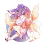  &gt;:) 1girl amatsuji animal_ear_fluff animal_ears blush bow chibi closed_mouth comiket_103 commentary_request eyelashes eyes_visible_through_hair floating_clothes floral_print fox_ears fox_girl fox_tail gradient_hair hair_between_eyes hair_intakes hatsuse_izuna heart heart_in_eye holding_snowball japanese_clothes kimono knee_up looking_at_viewer medium_hair motion_lines multicolored_hair no_game_no_life orange_bow orange_hair purple_eyes purple_hair sandals scarf short_kimono simple_background slit_pupils smile snowball socks solo symbol_in_eye tabi tail twitter_username v-shaped_eyebrows white_background white_scarf white_socks yellow_kimono 
