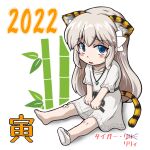  1girl 2022 3010shiki animal_ears bamboo blue_eyes blush chibi child chinese_zodiac commentary_request dress ender_lilies_quietus_of_the_knights full_body grey_hair hair_ornament jewelry lily_(ender_lilies) long_hair necklace pendant sitting solo tail tiger_ears tiger_tail white_dress year_of_the_tiger 