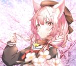  1girl :o absurdres animal_ear_fluff animal_ears asobineko_(neko_irastonyan) beret black_shirt blurry blurry_background blurry_foreground blush braid brown_headwear brown_ribbon brown_scarf cat_ears cat_girl cherry_blossoms commentary_request depth_of_field expressionless eyes_visible_through_hair flower hair_ribbon hand_up hat hat_ribbon highres holding holding_hair indie_virtual_youtuber izumiya_konomi long_hair long_sleeves looking_at_viewer neckerchief parted_lips partial_commentary petals pink_flower pink_hair plant puffy_long_sleeves puffy_sleeves red_eyes red_neckerchief red_ribbon ribbon scarf shirt solo twin_braids twintails upper_body virtual_youtuber 