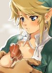  blonde_hair blue_eyes blush breast_grab breasts censored cum cum_in_mouth cum_on_body cum_on_breasts cum_on_upper_body earrings genderswap jewelry link nintendo noshiro_masaru open_clothes open_shirt paizuri penis pixiv_thumbnail pointless_censoring pointy_ears the_legend_of_zelda 