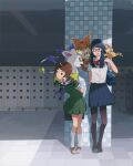  2girls 2others absurdres blue_skirt brown_hair cat digimon digimon_(creature) digimon_adventure_tri. glasses green_eyes green_skirt highres light meicoomon mochizuki_meiko multiple_girls multiple_others open_mouth school_uniform shadow shirt short_hair skirt tailmon white_shirt yagami_hikari 