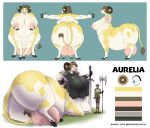 absurd_res armor aurelia_(garsupial) belly big_belly big_breasts big_butt blonde_hair blue_eyes bovid bovid_taur bovine bovine_tail bovine_taur breasts butt cattle clothed clothed_male clothing cross_section faceless_character faceless_male female fur hair hi_res hooves horn huge_butt human male mammal mammal_taur model_sheet nude nude_female overweight overweight_taur quadruped size_difference solo tail taur teats udders weapon white_body white_fur yellow_body yellow_fur