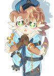 absurd_res anthro blush bracelet brown_body brown_fur calicolycoris clothing fur glistening glistening_eyes green_eyes hat headgear headwear hi_res jewelry lifewonders male mammal mustelid otter otter_(tas) police_hat police_uniform puppy_eyes solo tokyo_afterschool_summoners uniform