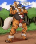 anthro arcanine balls bottomless canid canine canis clothed clothing dominant dominant_male duo forest generation_1_pokemon genitals knot male male/male mammal muscular nintendo nude penis pickles-hyena plant pokemon pokemon_(species) submissive submissive_male tree wolf