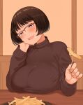  1girl :d atgsanz_(wttoo0000) black_sweater blush bob_cut breasts brown_hair food french_fries glasses highres huge_breasts indoors jimiko large_breasts long_sleeves looking_at_viewer mole mole_under_eye original short_hair smile solo sweater 