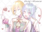  2boys blonde_hair blue_eyes blue_hair blush braid character_name closed_mouth ensemble_stars! finger_heart half_updo heart hibiki_wataru highres male_focus multiple_boys ntec231 one_eye_closed open_mouth purple_eyes smile tenshouin_eichi white_background yaoi 