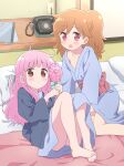  2girls :d antique_phone arm_support barefoot blonde_hair blue_kimono brown_eyes full_body futon hanamura_karen hand_mirror hanten_(clothes) highres himawari_(fairilu) holding holding_mirror ikzw indoors japanese_clothes kimono knees_up long_hair long_sleeves looking_at_mirror looking_at_viewer lying mirror multiple_girls on_back on_bed open_mouth phone pillow pink_hair red_eyes rilu_rilu_fairilu rotary_phone sash sitting smile tatami 