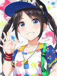  1girl bag bangs baseball_cap black_hair black_hat blue_eyes blush collarbone hat idolmaster idolmaster_shiny_colors jewelry long_hair looking_at_viewer mitsumine_yuika necklace paint_splatter shirt short_sleeves shoulder_bag sidelocks sky smile solo star_(sky) starry_sky twintails waving white_background white_shirt wristband yuuhi_(ages) 