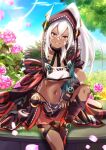  1girl ankle_wrap azur_lane black_panties blue_cape blue_sky blush bodypaint breast_curtain breasts brown_cape brown_gloves brown_hood brown_skirt bush cape cloud commentary_request crossed_bangs dark-skinned_female dark_skin day facepaint fingerless_gloves flower foot_out_of_frame fur-trimmed_cape fur_trim gloves grin hair_between_eyes head_tilt high_ponytail highleg highleg_panties highres hood hood_up lake loincloth long_bangs long_hair looking_at_viewer medium_breasts midriff minneapolis_(azur_lane) multicolored_cape multicolored_clothes murasaki_tsutsuji navel o-ring o-ring_bottom outdoors panties pink_flower pink_rose red_cape red_eyes red_footwear revealing_clothes rose rudder_footwear showgirl_skirt sitting skirt sky smile solo sunlight tree underboob underwear very_long_hair white_hair 