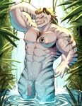 abs alexaboom anthro biceps big_biceps biped black_claws black_markings blue_eyes brown_hair claws fingers fur genitals hair hand_behind_head hi_res looking_at_viewer male markings muscular muscular_anthro muscular_arms muscular_male muscular_thighs nipples outside partially_submerged pecs penis smile solo solo_focus standing standing_in_water teeth triceps tuft vein veiny_muscles veiny_penis water white_body white_fur