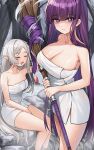  2girls absurdres bare_shoulders breasts cleavage closed_eyes collarbone drop_earrings earrings elf fern_(sousou_no_frieren) frieren grey_hair highres holding holding_staff jewelry large_breasts long_hair looking_at_viewer multiple_girls naked_towel nanni_jjang outdoors pointy_ears purple_eyes purple_hair sitting sleepy small_breasts soaking_feet sousou_no_frieren staff straight_hair towel very_long_hair wading water_drop 