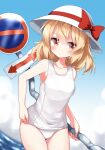  1girl blue_sky blush bow closed_mouth cloud collarbone commentary_request cowboy_shot hat hat_bow highres holding horizon kana_anaberal looking_at_viewer one-piece_swimsuit orange_eyes outdoors red_bow road_sign ruu_(tksymkw) sign sky solo swimsuit touhou touhou_(pc-98) white_headwear white_one-piece_swimsuit 