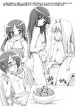  apron bent_over blush copyright_request greyscale ishikei long_hair monochrome multiple_girls naked_apron pussy tomato twintails 