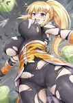  1girl black_bodysuit blonde_hair blue_eyes blush bodysuit bouncing_breasts breasts cabbage darkness_(konosuba) hair_ornament highres impossible_bodysuit impossible_clothes kono_subarashii_sekai_ni_shukufuku_wo! large_breasts long_hair looking_at_viewer masochism open_mouth outstretched_arms ponytail r-binon single_hair_ring smile solo spread_arms tight_clothes torn_bodysuit torn_clothes unaligned_breasts x_hair_ornament 