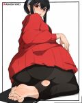  1girl artist_name ass black_hair black_pantyhose blush breasts commentary dangle_earrings dress earrings english_commentary feet foot_focus from_behind hair_between_eyes hairband highres jewelry long_sleeves looking_at_viewer looking_back medium_breasts no_shoes on_ground open_mouth pantyhose patreon_username red_dress red_eyes seiza short_dress sidelocks simple_background sitting soles solo spy_x_family sweater sweater_dress timruya toeless_legwear toes torn_clothes torn_pantyhose white_background yor_briar 