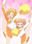  &gt;_&lt; 2girls arms_up blonde_hair blush cheerleader collared_shirt highres himawari_(fairilu) holding holding_pom_poms ikzw jewelry key leg_lift leg_up long_hair looking_at_viewer midriff miniskirt multiple_girls necklace nose_blush one_eye_closed open_mouth orange_hair orange_skirt outstretched_arms panties pink_background pleated_skirt pom_pom_(cheerleading) rilu_rilu_fairilu sakuraba_kano shirt side_ponytail skirt smile split standing standing_on_one_leg standing_split sweatdrop sweater trembling two-tone_shirt underwear white_panties yellow_sweater 
