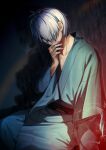  1boy amatsuji arm_at_side blue_kimono cigarette collarbone commentary_request darkness feet_out_of_frame fingernails gegege_no_kitarou grey_hair hair_over_one_eye hand_up highres holding holding_cigarette japanese_clothes kimono kitarou_tanjou:_gegege_no_nazo leaning_forward long_sleeves looking_at_viewer male_focus medama_oyaji_(human) messy_hair one_eye_covered red_eyes short_hair sidelighting signature sitting smoke smoking solo wide-eyed wide_sleeves 