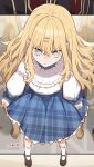  1girl angry black_footwear blonde_hair blue_eyes blue_skirt chair character_request commentary english_commentary frilled_sleeves frills hair_ornament hairclip highres kneehighs long_hair parted_bangs please_bully_me_miss_villainess! skirt slippers socks solo standing 