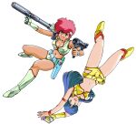  2girls armlet blue_eyes blue_hair boots bracelet breasts cleavage crop_top dark-skinned_female dark_skin dirty_pair dual_wielding earrings full_body gloves gun handgun headband holding holster holstered jewelry kei_(dirty_pair) long_hair midriff multiple_girls navel non-web_source official_art open_mouth photoshop_(medium) red_hair retro_artstyle short_hair shoulder_cannon simple_background upside-down weapon white_background yuri_(dirty_pair) 
