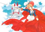  1girl absurdres brown_hair cape cardcaptor_sakura castle child clamp_(circle) cloud cloudy_sky green_eyes hat highres holding holding_sword holding_weapon kinomoto_sakura official_alternate_costume official_art red_cape scan short_hair sky solo standing sword weapon 