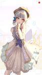  1girl absurdres back_bow blue_bow blue_eyes blue_hair blunt_bangs bow braid brown_headwear butterfly_hair_ornament commentary_request dress facing_viewer flower genshin_impact hair_flower hair_ornament hair_up hand_up hat hat_flower highres hzulip kamisato_ayaka kamisato_ayaka_(springbloom_missive) light_blue_hair light_blush long_sleeves mole mole_under_eye official_alternate_costume smile solo viewfinder white_dress 