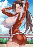  1girl absurdres arms_behind_head ass ass_peek bloomers blue_sky blush breasts brown_eyes brown_hair cloud commission fence fire_emblem fire_emblem_fates gym_shorts gym_uniform hair_over_one_eye highres jacket kagero_(fire_emblem) large_breasts long_hair looking_at_viewer mature_female nipples outdoors ponytail railing red_bloomers rynn_(darknescorez) see-through see-through_shirt shirt shorts sky solo sportswear steaming_body sweat track_jacket tree undersized_clothes wet wet_clothes wet_shirt white_shirt 