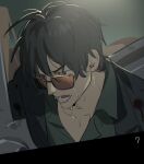  1boy black_hair black_jacket close-up commentary crying crying_with_eyes_open green_shirt holding jacket looking_to_the_side lowres male_focus nicholas_d._wolfwood raine_(acke2445) shirt solo sunglasses symbol-only_commentary tears trigun upper_body 