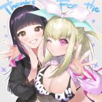  2girls arm_around_shoulder bikini black_eyes black_hair black_shirt blonde_hair blunt_bangs blush bow breasts commentary_request fuzuki_fuuro grin hair_bow hands_on_own_cheeks hands_on_own_face highres large_breasts looking_at_viewer milestone_celebration multiple_girls one_eye_closed one_side_up original pink_eyes puckered_lips shirt shrug_(clothing) smile swimsuit upper_body 
