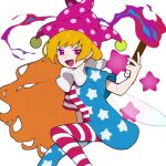  1girl :d american_flag_dress american_flag_legwear blonde_hair blue_dress blue_pantyhose clownpiece dress fairy_wings feet_out_of_frame hand_up hat highres holding holding_torch jester_cap long_hair looking_at_viewer multicolored_clothes multicolored_dress multicolored_pantyhose neck_ruff open_mouth pantyhose pekaso1118n pink_headwear polka_dot polka_dot_headwear purple_dress purple_eyes purple_pantyhose short_sleeves simple_background smile solo star_(symbol) star_print striped striped_dress striped_pantyhose torch touhou very_long_hair white_background white_dress wings 
