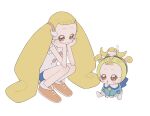  2girls baby blonde_hair blue_shorts brown_eyes closed_mouth don_(macaron_panda13) dual_persona fairy floral_print full_body hair_bobbles hair_ornament hands_on_own_cheeks hands_on_own_face highres long_hair looking_at_another makihatayama_hana multiple_girls ojamajo_doremi on_head open_mouth orange_footwear shirt shoes short_hair short_shorts shorts simple_background sitting smile squatting toto_(ojamajo_doremi) twintails very_long_hair white_background white_shirt wing_hair_ornament 