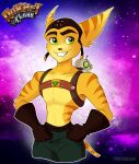 2022 anthro bottomwear clank clothed clothing digital_media_(artwork) duo eyebrows fur gloves green_eyes grin handwear harness headgear headwear hi_res insomniacgames lombax looking_at_viewer machine male mammal orange_stripes pants ratchet ratchet_and_clank ratchetjak robot smile solo sony_corporation sony_interactive_entertainment space striped_body striped_fur stripes teeth video_games yellow_body yellow_fur