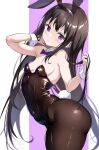  1girl akemi_homura animal_ears black_hair black_leotard black_pantyhose bow bowtie breasts commentary_request covered_navel cowboy_shot detached_collar highres leotard long_hair looking_at_viewer mahou_shoujo_madoka_magica nagare_(flow) pantyhose playboy_bunny purple_eyes rabbit_ears rabbit_tail small_breasts solo strapless strapless_leotard tail wrist_cuffs 