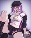  1girl boots breasts earrings fate/grand_order fate_(series) glasses hat jewelry looking_at_viewer medusa_(fate) medusa_(saber)_(fate) midriff navel nikumaki43 purple_eyes purple_hair round_eyewear sitting solo sunglasses thighs 