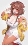 absurd_res anthro biped blush breasts brown_hair canid canine canis cleavage clothed clothing collar domestic_dog female footwear hair hi_res hololive kakuteki11029 korone_inugami mammal open_mouth shoes simple_background smile solo vtuber white_background