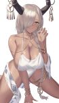 absurdres azur_lane bare_shoulders black_horns blush bracelet breasts cleavage closed_mouth collarbone dark-skinned_female dark_skin grey_hair hair_over_one_eye highres horn_ornament horns jewelry large_breasts long_hair looking_at_viewer mole mole_under_mouth one-piece_swimsuit one_eye_covered owari_(azur_lane) sateridas sideboob simple_background smile swimsuit thighlet thighs white_background white_nails white_one-piece_swimsuit 