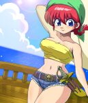  1girl belt blue_eyes blue_sky braid braided_ponytail breasts brown_belt cloud hair_between_eyes navel pirate ranma-chan ranma_1/2 red_eyes sky solo sword wanta_(futoshi) water weapon 