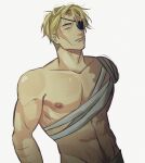  1boy abs amputee arm_hair bare_pectorals blonde_hair brown_eyes collarbone highres jujutsu_kaisen lips looking_at_viewer male_focus male_pubic_hair muscular muscular_male nanami_kento parted_lips pectorals pubic_hair scar short_hair solo topless_male upper_body ushy_(narutoss_ramen) 