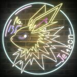  animal_focus brick_wall character_name commentary_request english_text free_butterfree jolteon looking_at_viewer neck_fur neon_lights no_humans pokedex_number pokemon pokemon_(creature) portrait profile solo typo white_eyes 