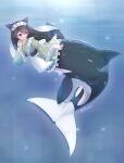  1girl apron black_hair dress frilled_dress frills full_body green_dress highres klew long_hair long_sleeves maid_apron maid_headdress mermaid monster_girl orca_girl original purple_eyes solo taur twitter_username underwater white_apron 