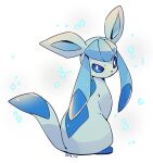  animal_focus blue_eyes blue_sclera bright_pupils closed_mouth colored_sclera commentary_request full_body glaceon looking_at_viewer looking_back no_humans pokemon pokemon_(creature) signature simple_background sitting snowflakes solo tetori turning_head white_pupils 