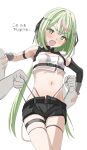  1girl 1other absurdres black_shorts blush breasts commentary_request cowboy_shot green_eyes green_hair highleg highleg_panties highres hinokuma_ran long_hair low_twintails medium_bangs midriff mog_mog_garyou multicolored_hair nanashi_inc. navel open_mouth panties panty_pull pink_hair short_shorts shorts simple_background small_breasts solo_focus strapless streaked_hair thigh_strap translation_request tube_top twintails two-tone_hair underwear virtual_youtuber wedgie white_background white_tube_top 