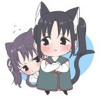  2girls :o animal_ears black_hair blush cat_ears cat_girl cat_tail chibi closed_mouth commentary_request crossed_arms full_body hiding highres kashikaze kazuno_leah kazuno_sarah long_sleeves love_live! love_live!_sunshine!! medium_hair multiple_girls open_mouth purple_hair shirt siblings side_ponytail sidelocks sisters tail white_background white_shirt 