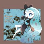  1girl alternate_color black_skin blue_background blue_eyes blue_gemstone blue_hair border bright_pupils brown_border colored_skin commentary_request earpiece flat_chest forehead_jewel free_butterfree full_body gem hand_to_own_mouth hand_up happy highres long_hair looking_at_viewer meloetta meloetta_(aria) multicolored_skin open_mouth outside_border outstretched_arm pokemon pokemon_(creature) reaching reaching_towards_viewer shiny_pokemon smile solo translation_request two-tone_skin very_long_hair white_pupils white_skin 
